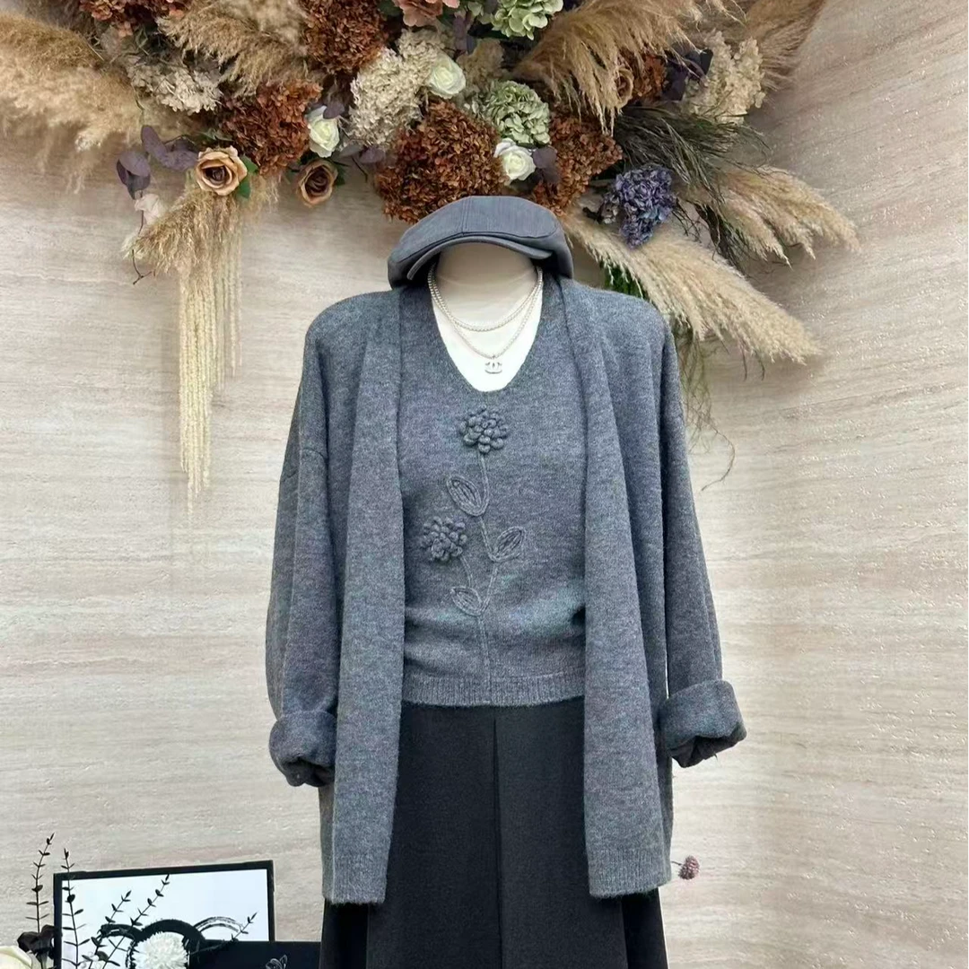 【暮灰花漾】温柔茶系慵懒风修身显瘦气质上衣两件套-2039