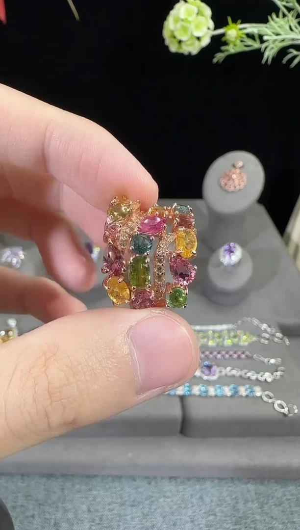 碧玺戒指银S925镶嵌5*7mm戒指多彩宝多样性发