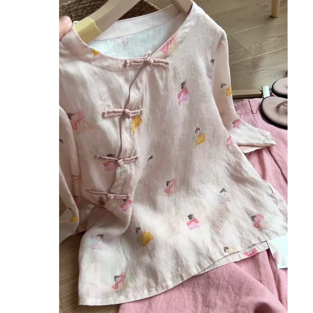 ‘小唐人’俏皮灵动斜襟减龄中袖舒适文艺复古上衣女C5409