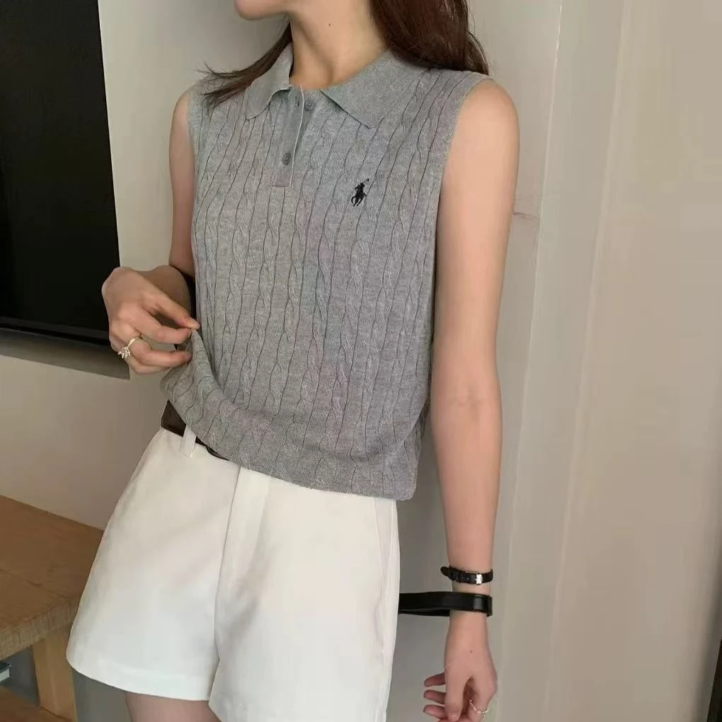 0132款修身休闲刺绣无袖英伦风百搭常规款翻领外穿毛针织衫上衣