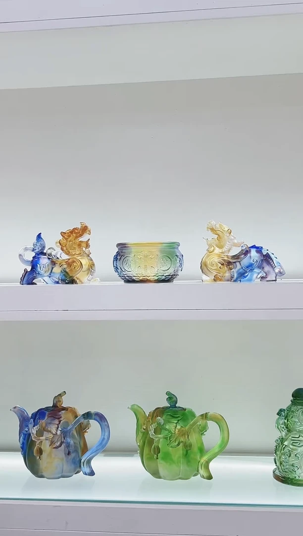 手工艺品琉璃古法琉璃一对中号貔貅加聚宝盆