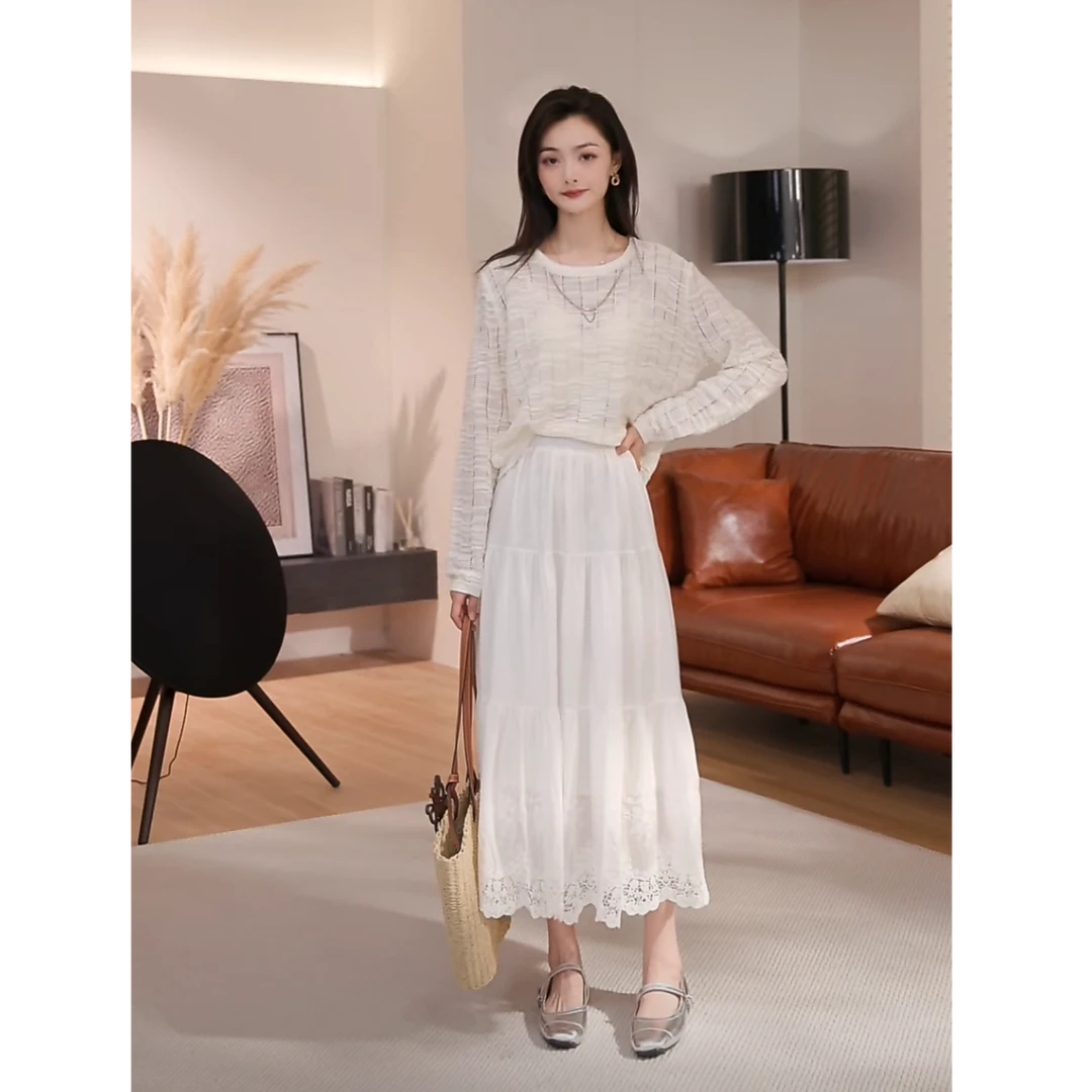 【贝贝】早春设计感高腰显瘦显高气质中长款白色简约半身裙BL-4107