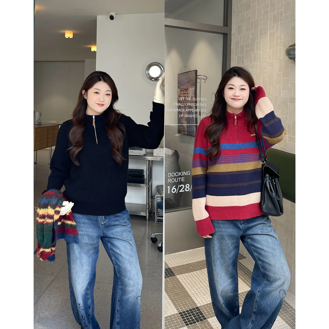 裂渡宣宣【永恒印象】撞色条纹针织显瘦上衣女秋冬百搭毛衣ZY509R52