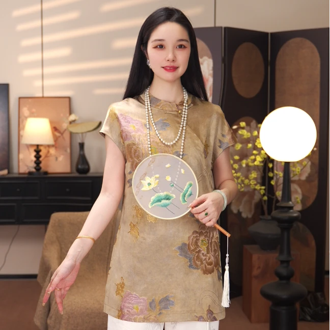 【金牡丹】2025新中式国风高级感T恤女装夏季短袖斜襟上衣