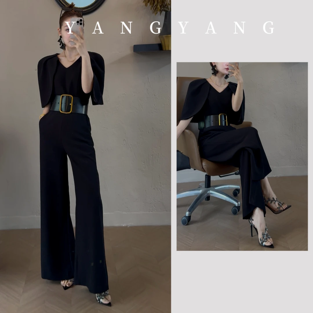 YANGYANG 夏季新款法式气质V领收腰显瘦阔腿连体裤