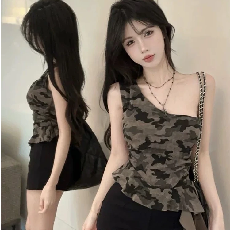 修身吊带豹纹性感背心带胸垫吊带背心遮副乳露脐吊带蜘蛛网美背