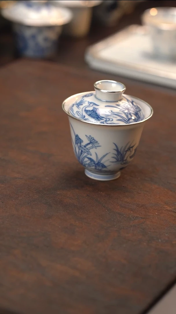 手绘鸳鸯盖碗三包银口