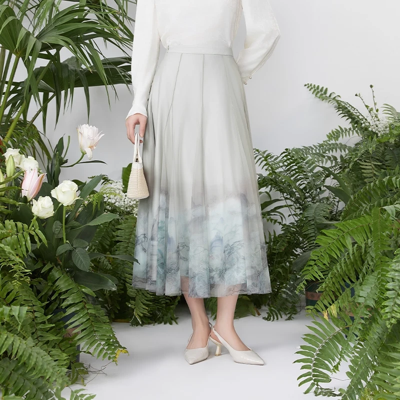 圣可尼新中式飘逸轻盈网纱伞摆半裙S160211NF