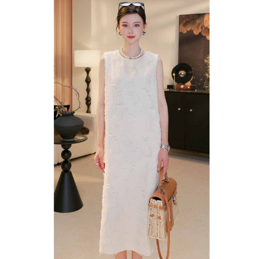 红人街头欧若风穿搭优雅女人显瘦无袖高腰中长款开叉长裙yn202478