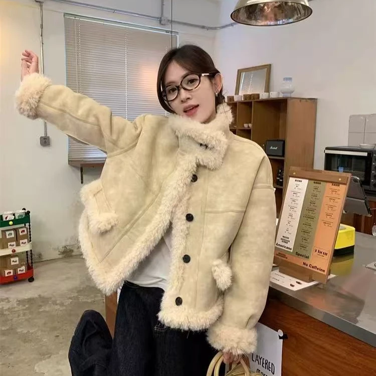 高级超好看外套女小个子宽松皮毛一体加厚小香风外套llf