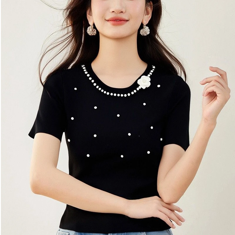 哥弟阿玛施正短袖T恤圆领设计感针织钉珠法式印花显瘦百搭女上衣