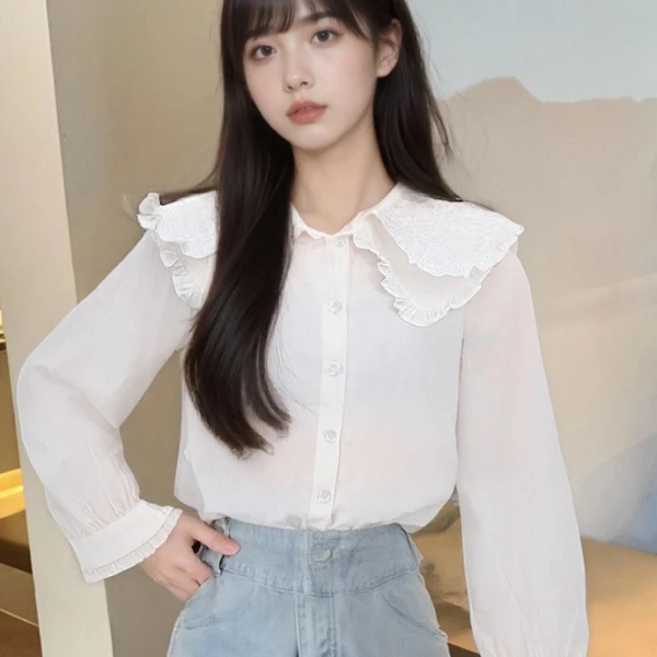 唐狮春季长袖娃娃领清新荷叶领衬衫128123015704