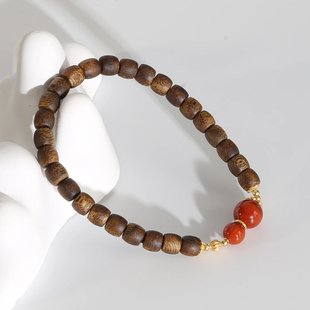 沉香【鸿葫】奇楠沉香5*6鼓珠火焰纹南红单圈手串