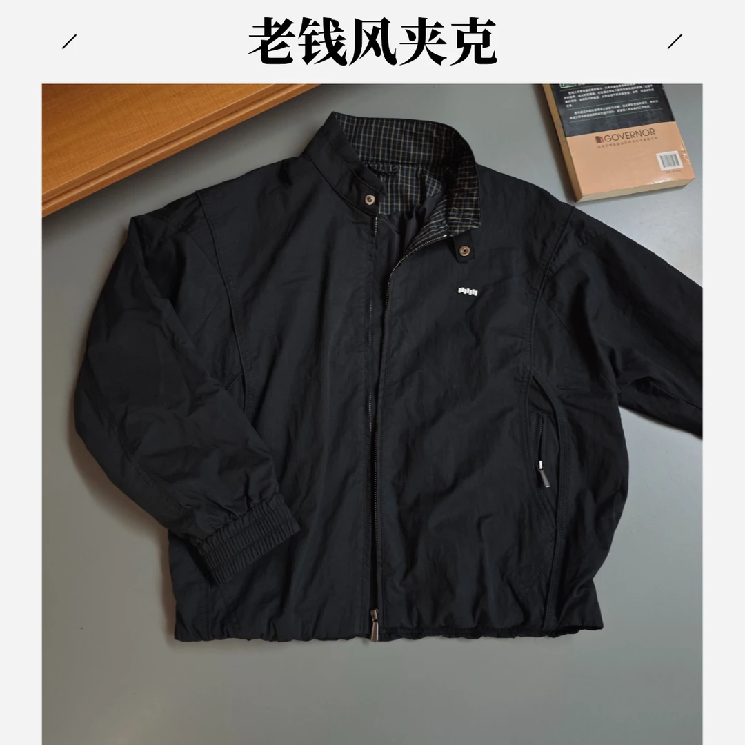新款老钱风夹克复古袖黑色减龄外套微阔棉感撞色