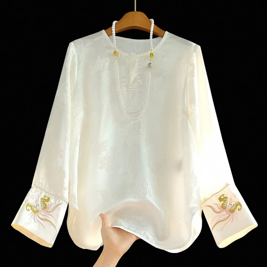白色新中式圆领真丝衬衫女长袖2025春新款刺绣小衫桑蚕丝国风上衣