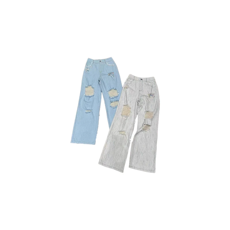 南油小众设计师新品双色破洞牛仔直筒裤