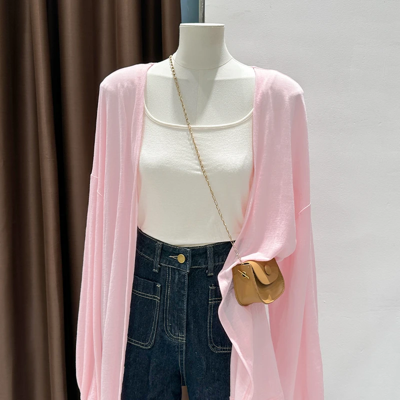 中长款防晒针织开衫女外搭薄款冰丝披肩夏季多巴胺粉色罩衫配裙子