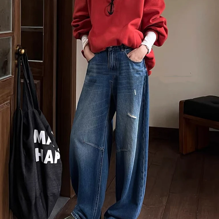 SU【610】代A9 愫敏  女秋款阔腿裤蓝色高腰宽松无弹拖地弯刀牛仔裤