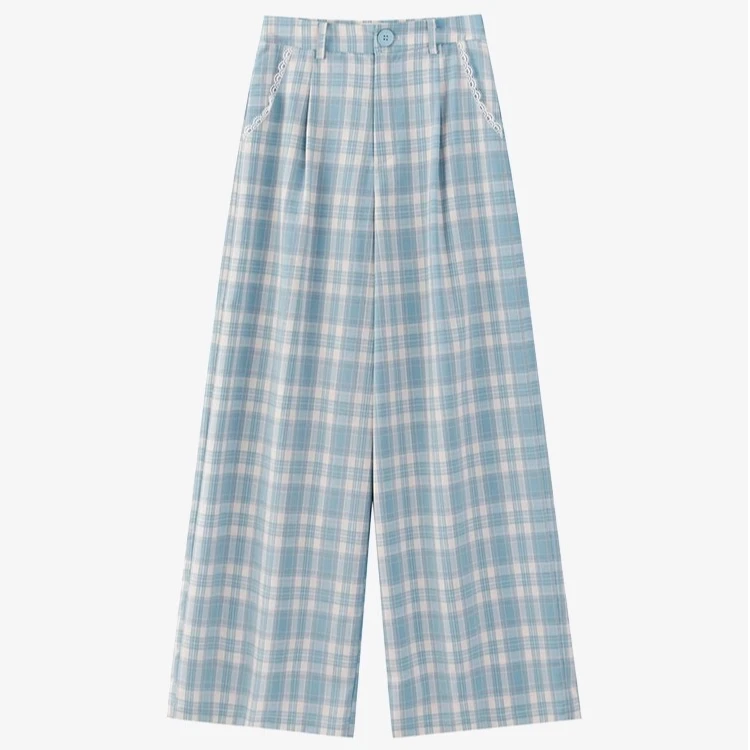羊城故事-复古文艺休闲裤蓝色格子蕾丝高腰阔腿直筒裤Y50248212