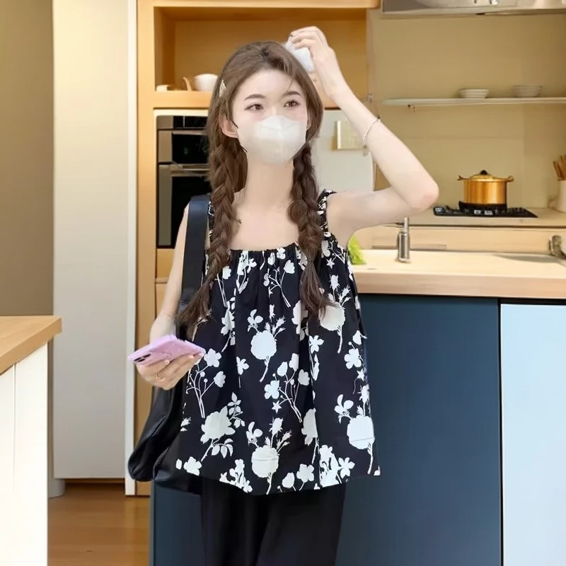 夏季新款法式复古小众设计感度假风花朵印花宽松显瘦小吊带背心女