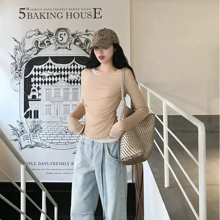 河岸家设计师SENSEAWEEK长袖双层撞色捏褶打底衫T恤25秋