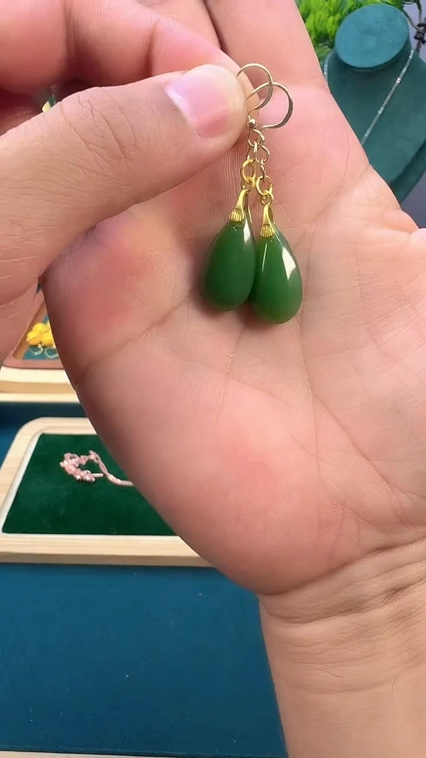 和田玉14K金镶嵌耳饰E119