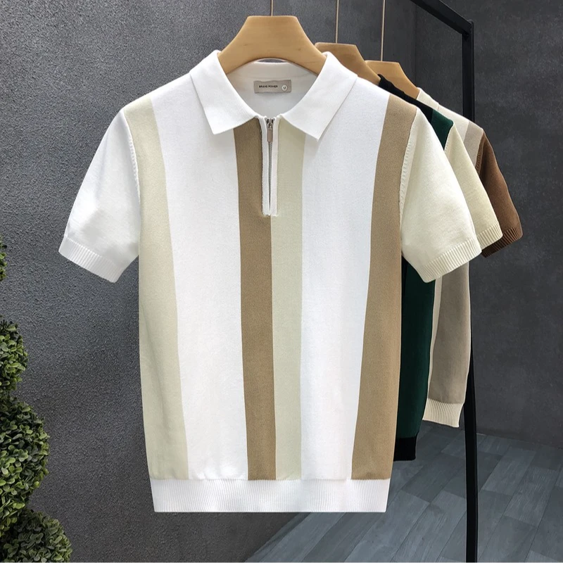 DeweLvum！匠心制作！一眼就爱上!商务修身透气半拉链翻领短袖t恤男