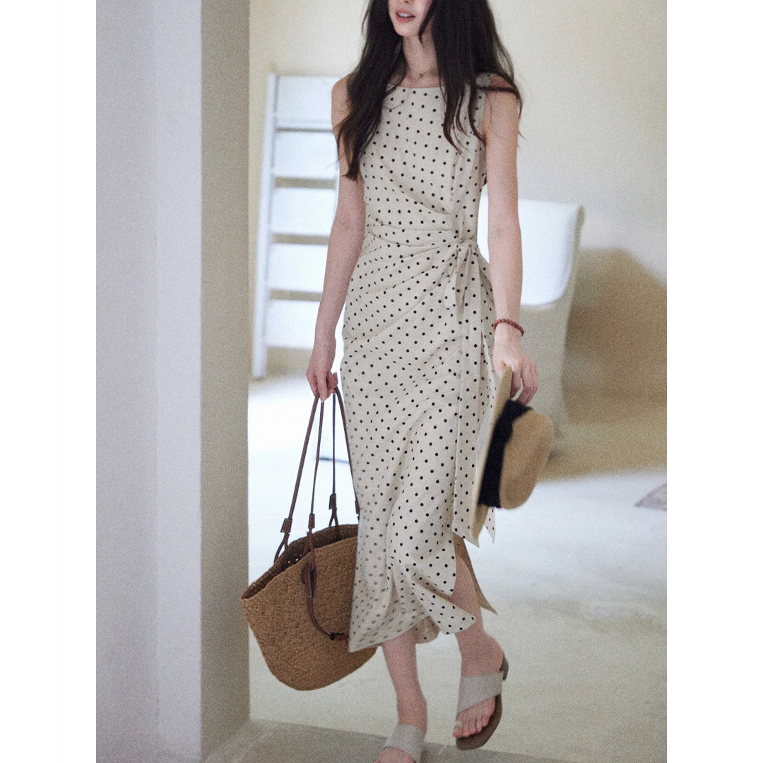 【松间月】高级感气质波点连衣裙女侧收腰亚麻棉法式长裙