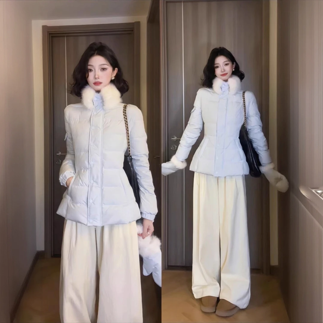 毛领收腰短款蓝色棉服女款2025新款冬季保暖巨好看的加厚棉衣外套