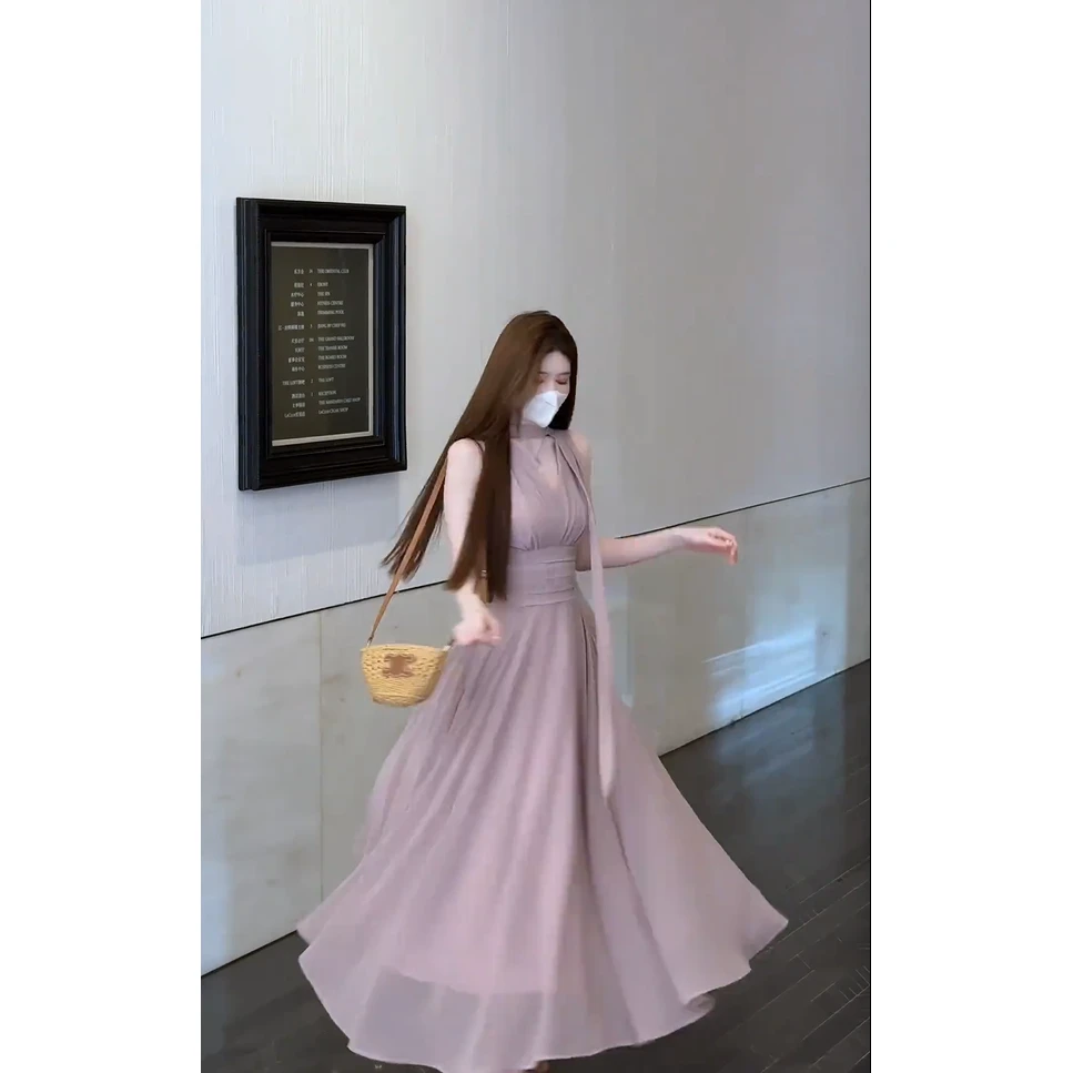 【高知姐姐】夏日漫步  高级感V领无袖挂脖收腰显瘦气质长裙子女装