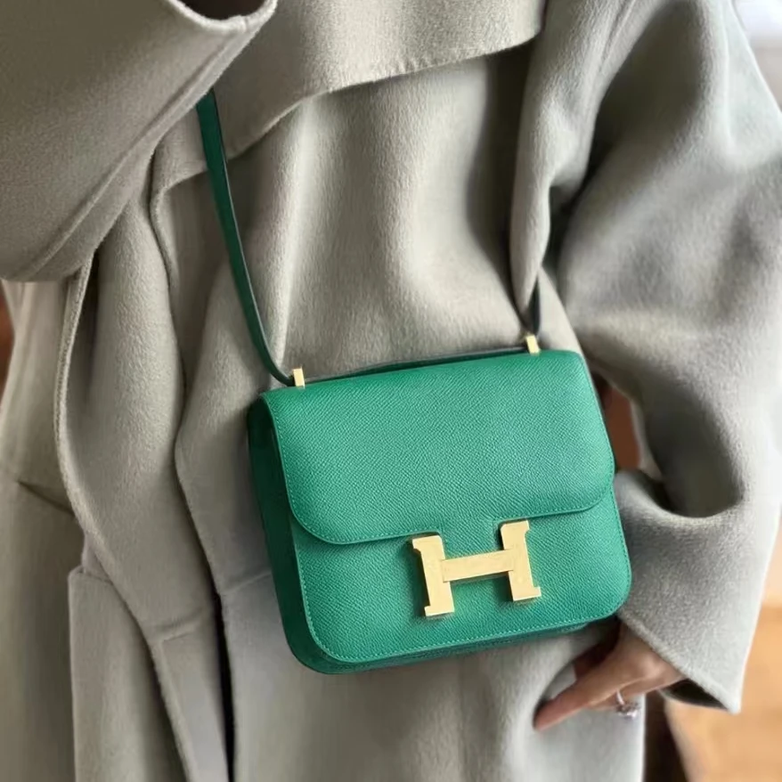 99新 Hermes/爱马仕  丝绒绿金扣 E皮 Constance 19 康康 D刻