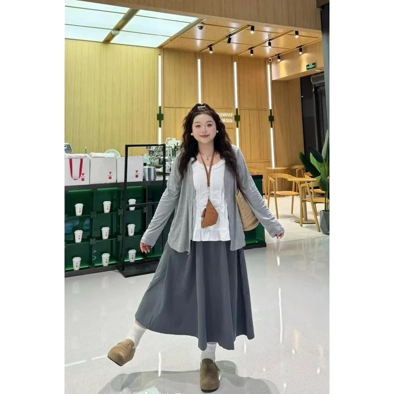 大码早秋套装休闲百搭灰色长袖开衫半身裙三件套