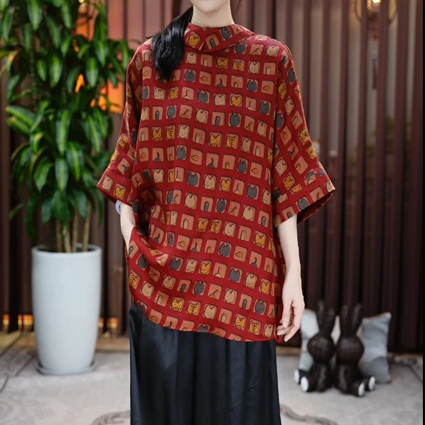 【金禧禧服饰】贪吃猫花萝香云纱上衣J23104A-2