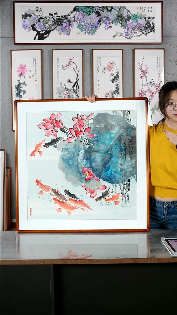 国画阿里丁《九龙戏水》手绘带框82*82