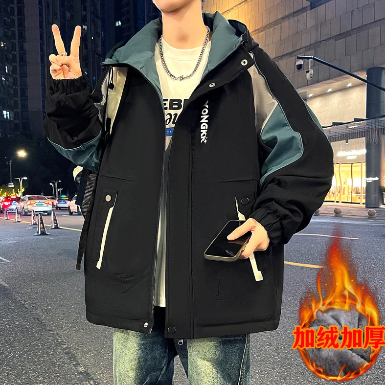 冬季加绒加厚青少年男外套潮流帅气百搭保暖棉衣休闲港风连帽夹克