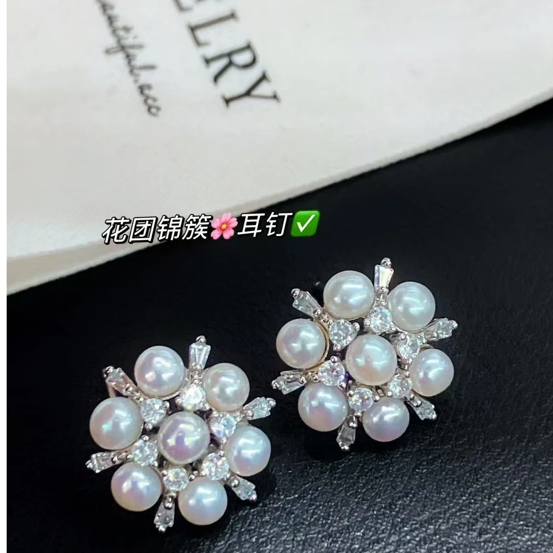 小花团雪花耳饰多珠绣花球珍珠耳钉上耳轻奢优雅