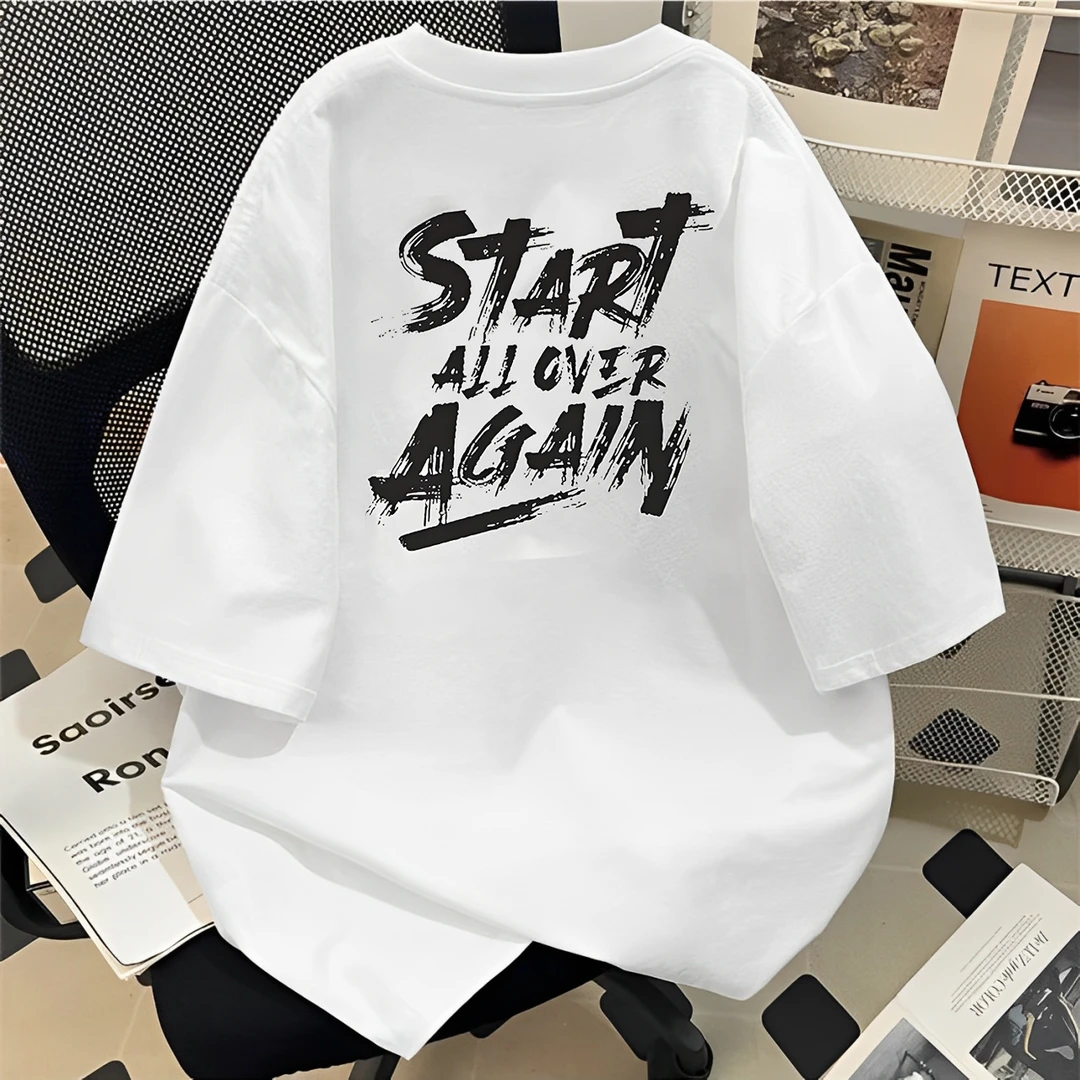 【重磅纯棉】2025夏季新款休闲白色百搭港风印花宽松圆领男短袖t恤