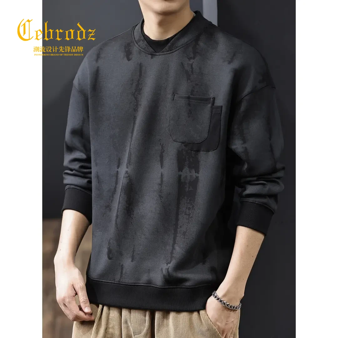 法国Cebrodz重磅厚款休闲麂皮绒口袋款圆领卫衣男士宽松保暖印花