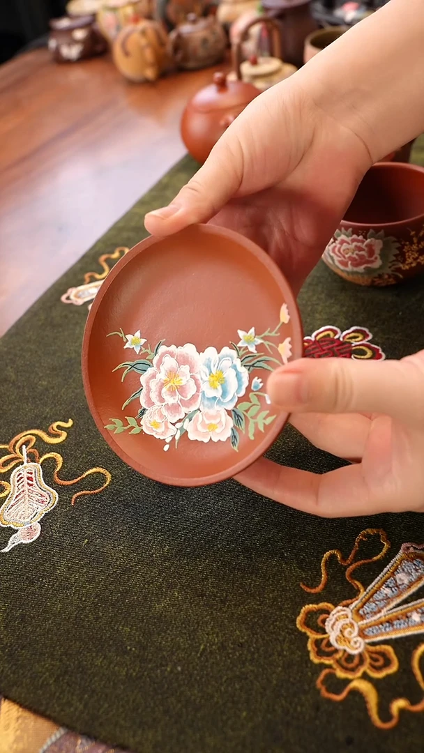 茶壶紫砂牡丹盘子