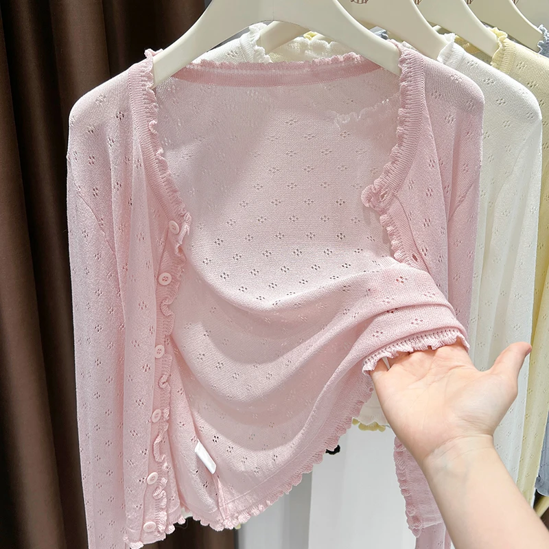木耳边粉色针织开衫女夏季防晒小披肩配裙子外搭冰丝长袖外套上衣