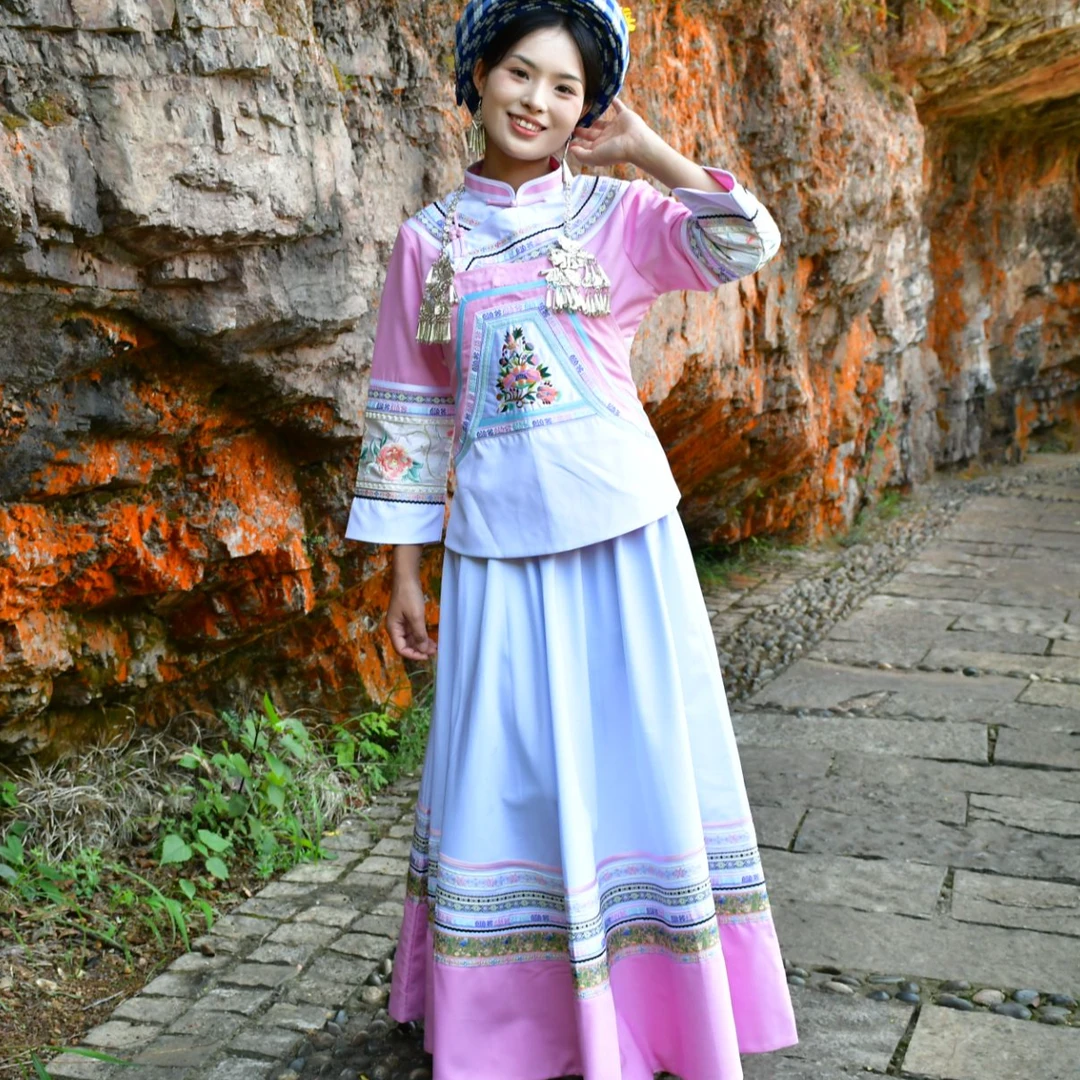 【华锦布依】布依族壮族民族服饰粉色少女套装舞台装