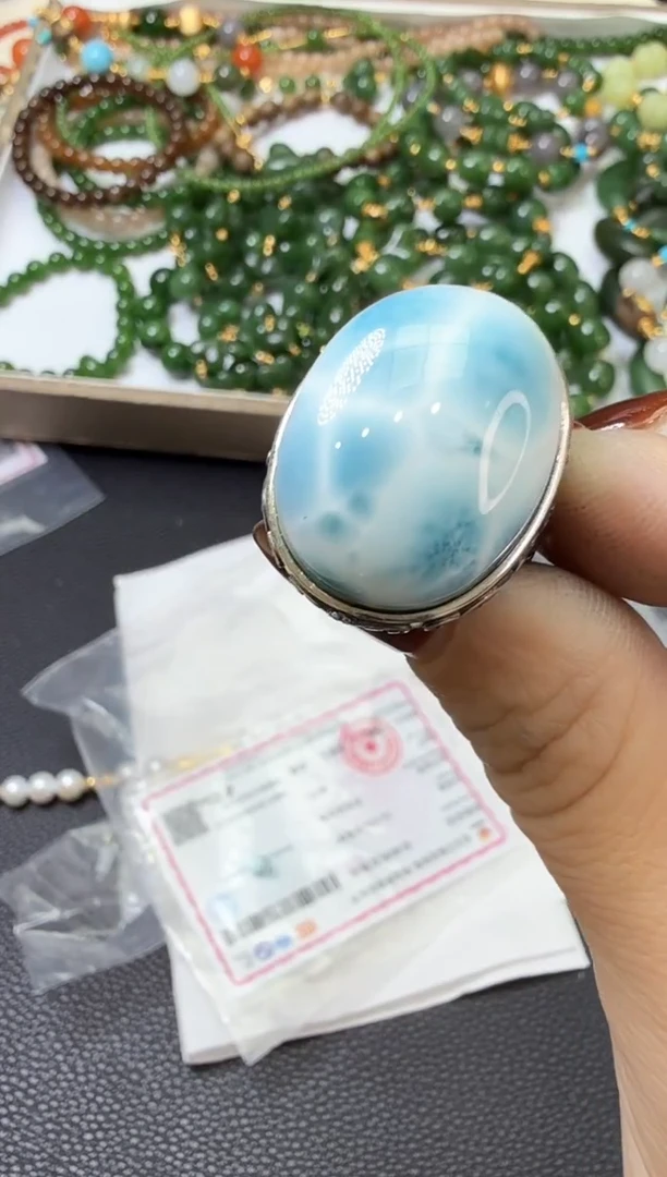银S925镶嵌针钠钙石（海纹石）珠宝半成品AA1-