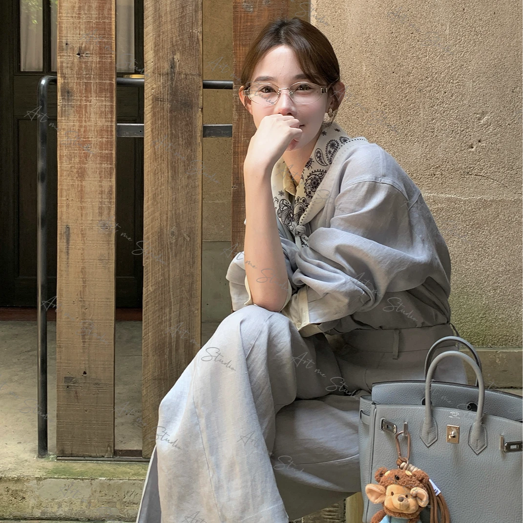 【ART品牌线】100纯亚麻限量自留慵懒文艺风衬衫长裤套装w1779q2