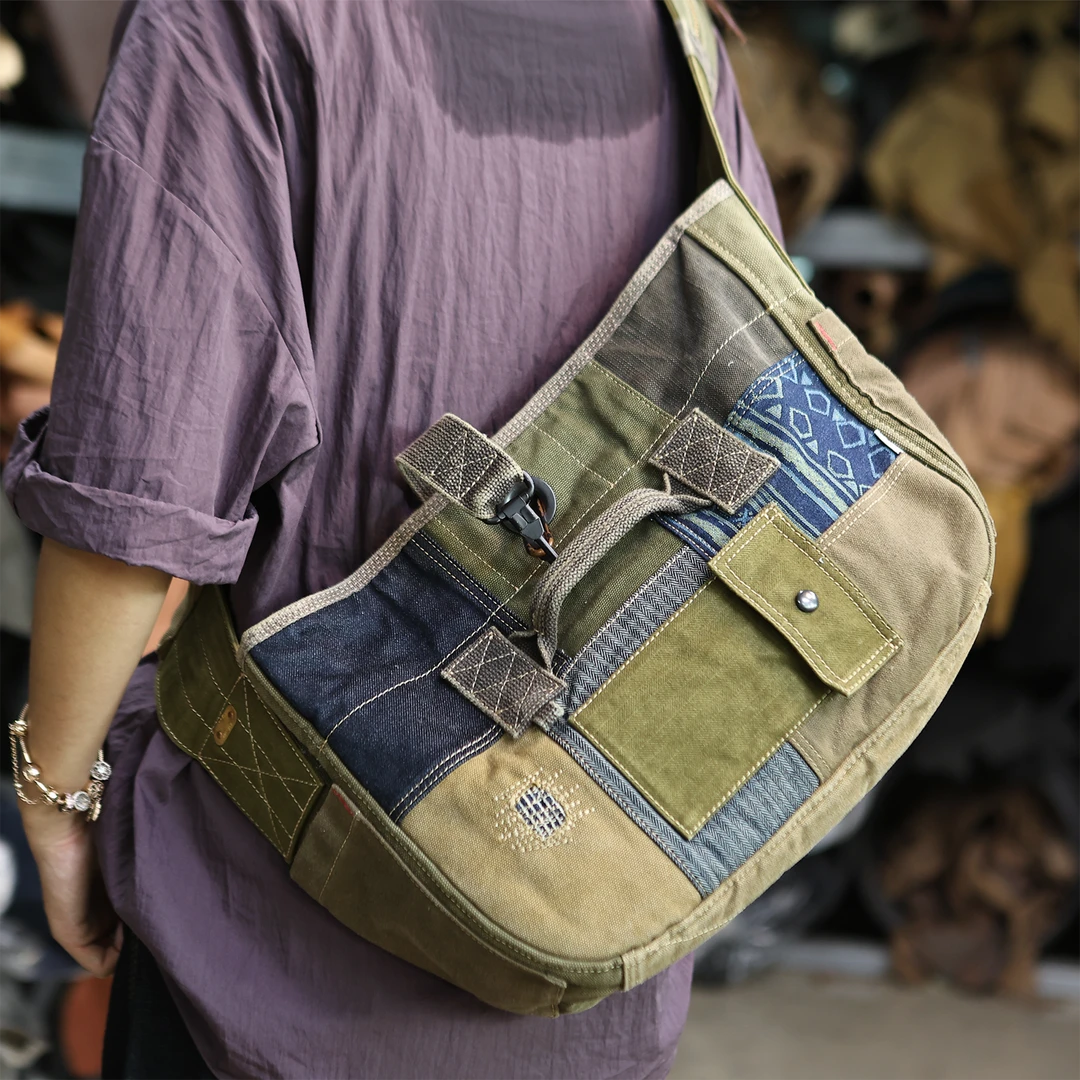方向皮具新款手工皮具老物改造拼接报童包斜挎包单肩包帆布包8700