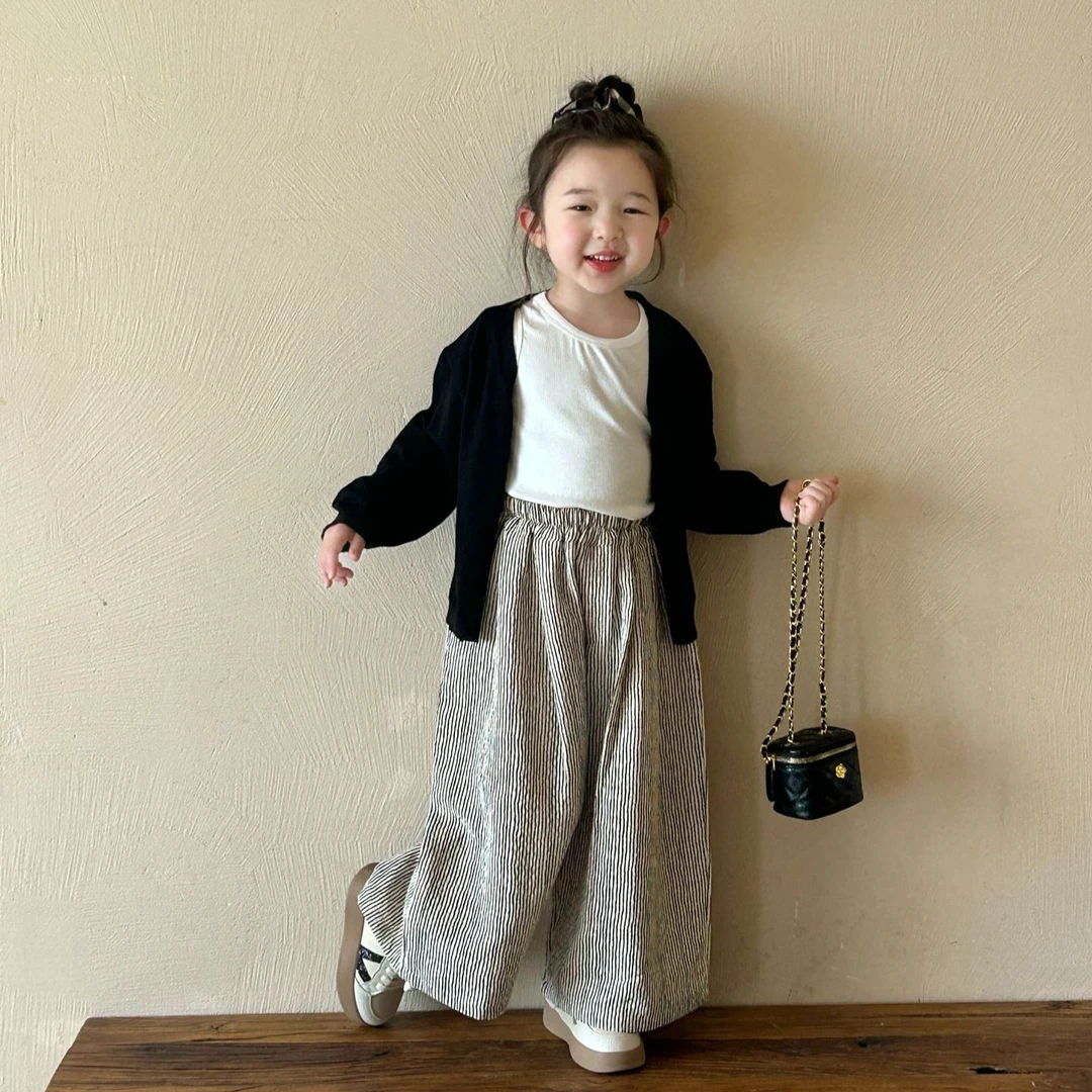 2025春季新款韩版儿童宽松韩系纯色毛线无扣开衫休闲裤幼儿园套装