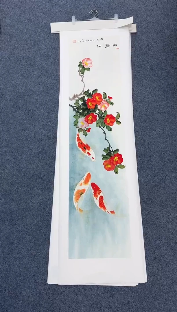 国画鱼戏花3只鱼同类型随机