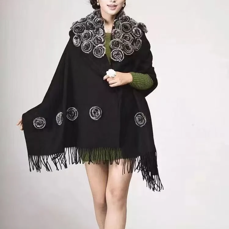 P028 玫瑰羊毛+兔毛大披肩 70*200CM 时尚百搭高端妈妈款
