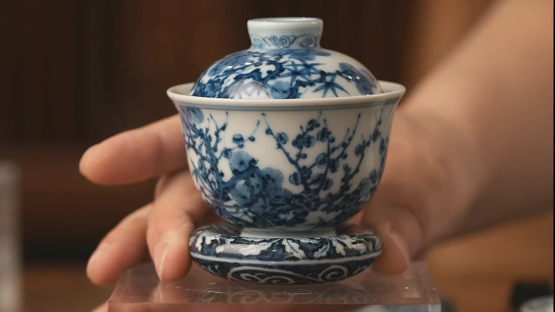 清*快雪松竹梅小盖碗，子润盖置，胡达民老师80件瓷板作品