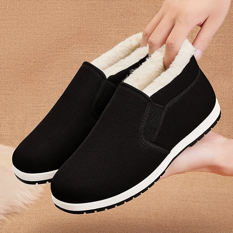 绵羊毛新款老北京布鞋高帮加绒保暖休闲一脚蹬厚底防滑爸爸棉鞋