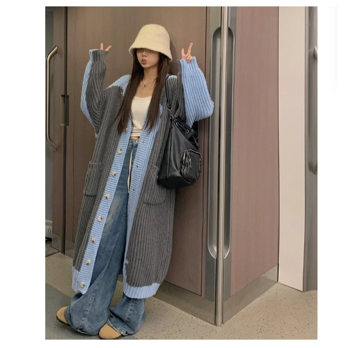 kumikumi设计感拼色毛衣外套女装春季长款过膝宽松慵懒风针织开衫